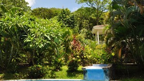 Un exuberante jardín con piscina y un pabellón.