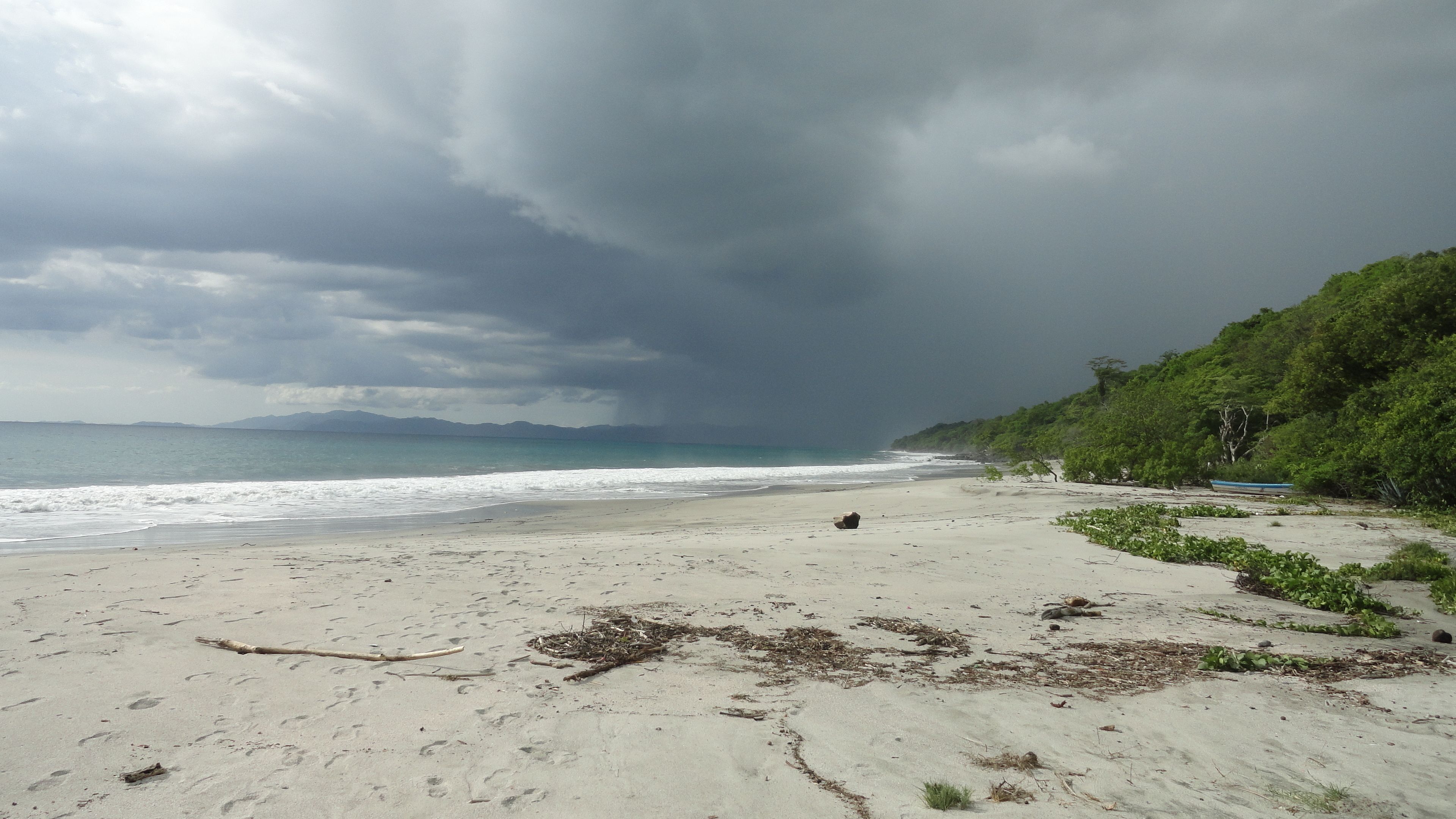 A beach with a sandy shore, a small boat, and a forested hill in the background.