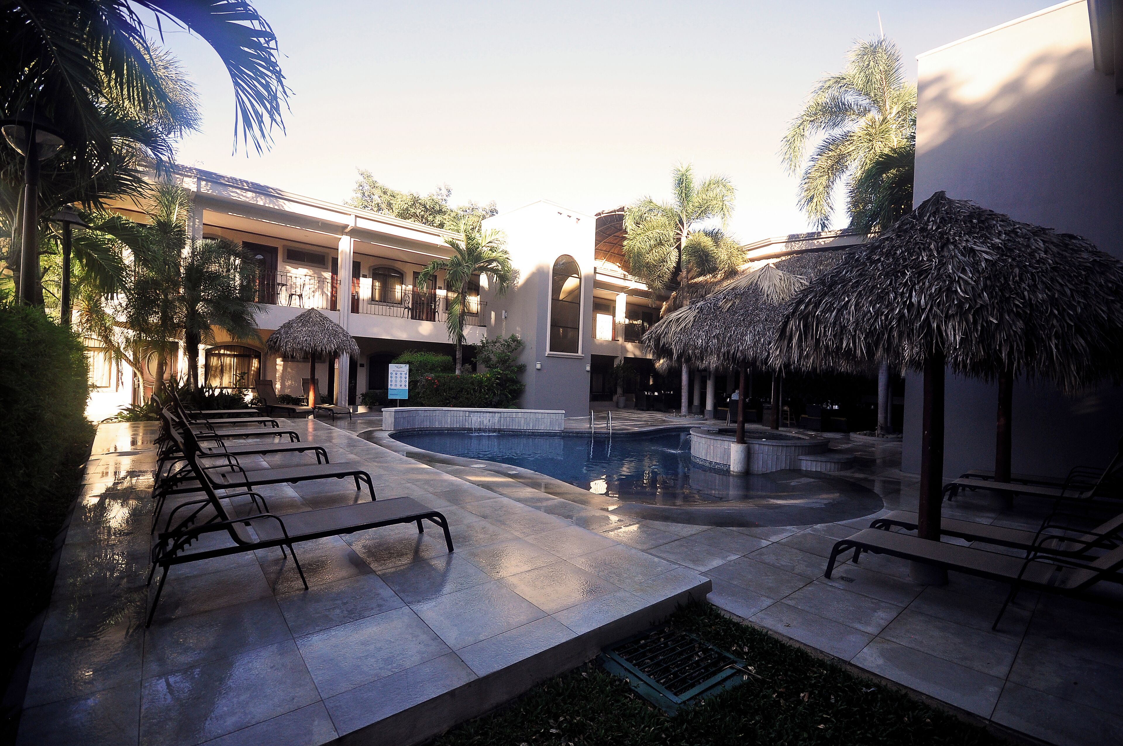A pool area with lounge chairs, a water feature, and palm trees.