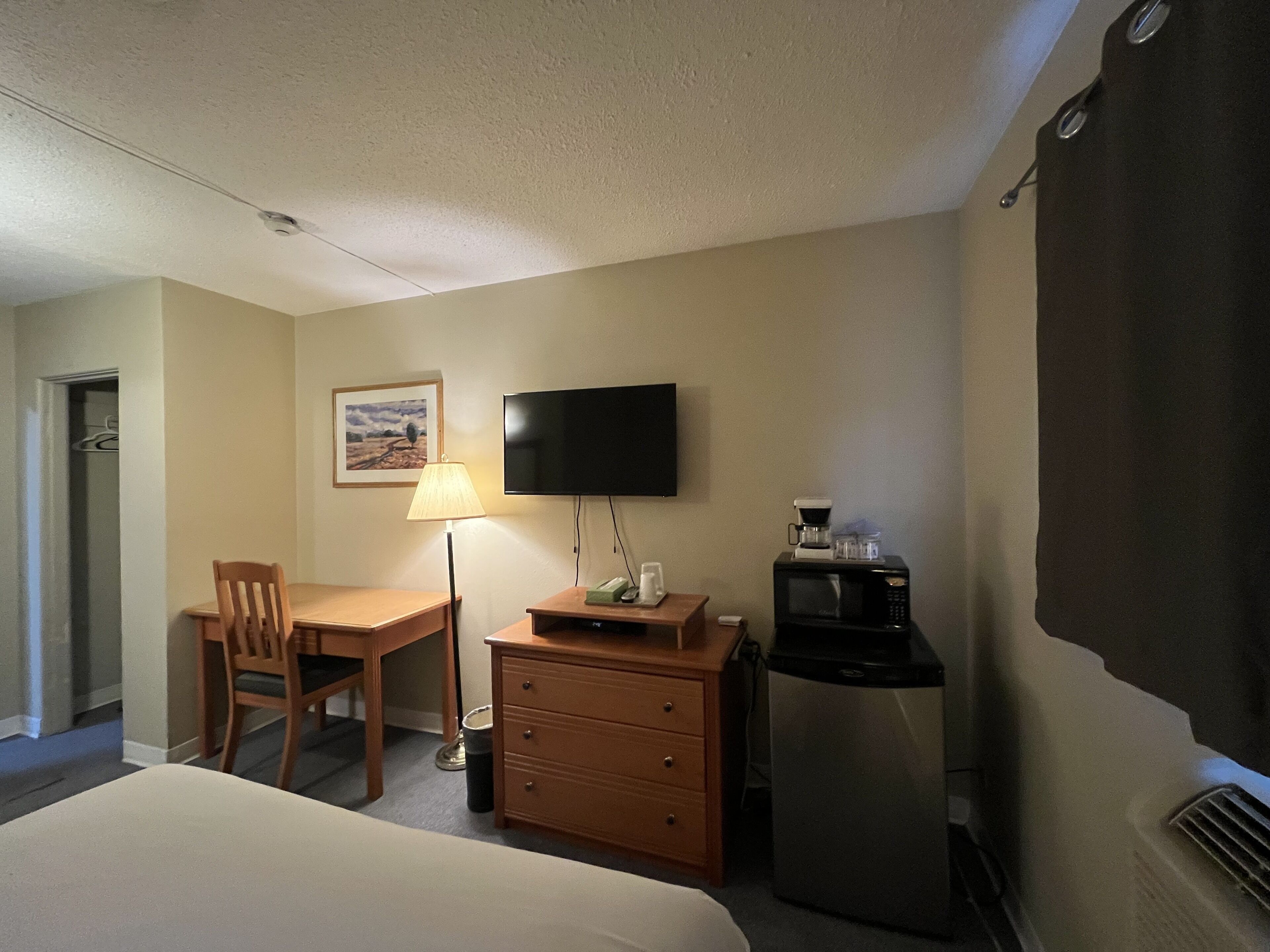 A hotel room with a bed, a desk, a chair, a television, a lamp, a microwave, and a trash can.