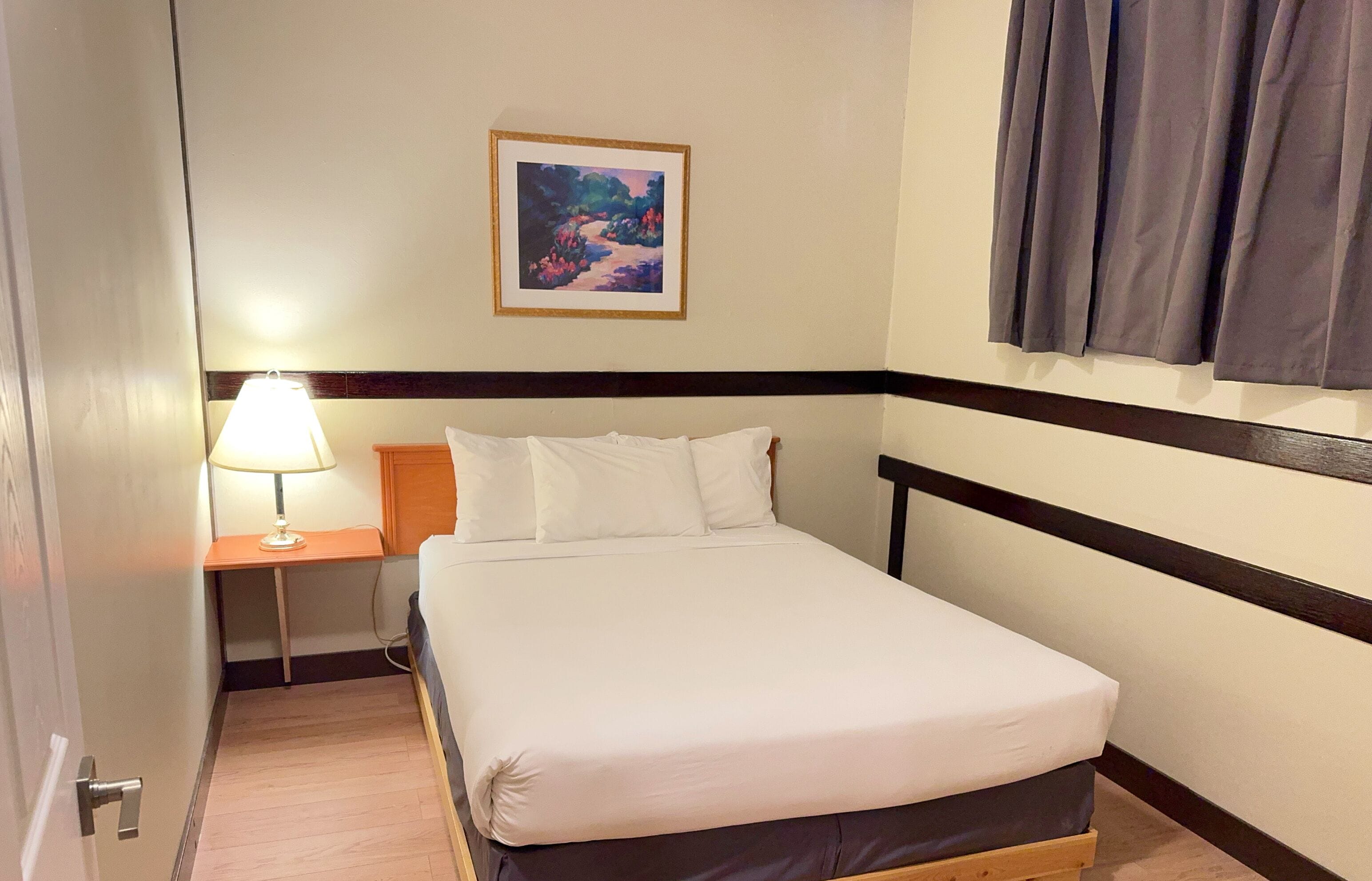 Une chambre d’hôtel avec un lit, une table de chevet avec une lampe, un tableau encadré au mur et une fenêtre avec des rideaux.