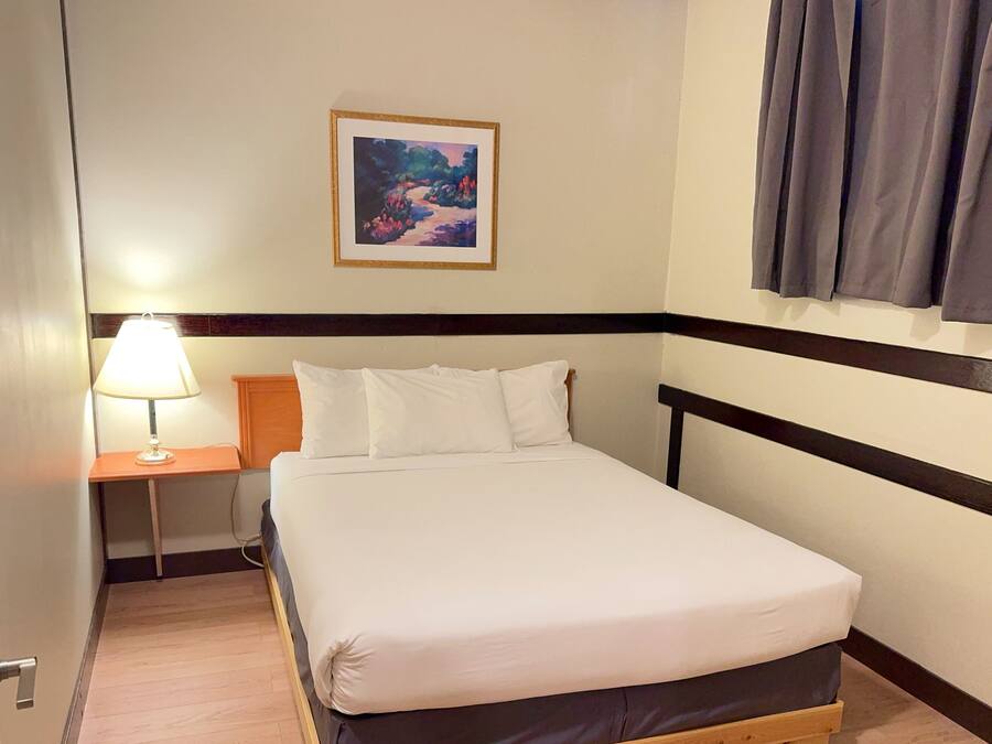 Une chambre d’hôtel avec un lit, une table de chevet avec une lampe, un tableau encadré au mur et une fenêtre avec des rideaux.