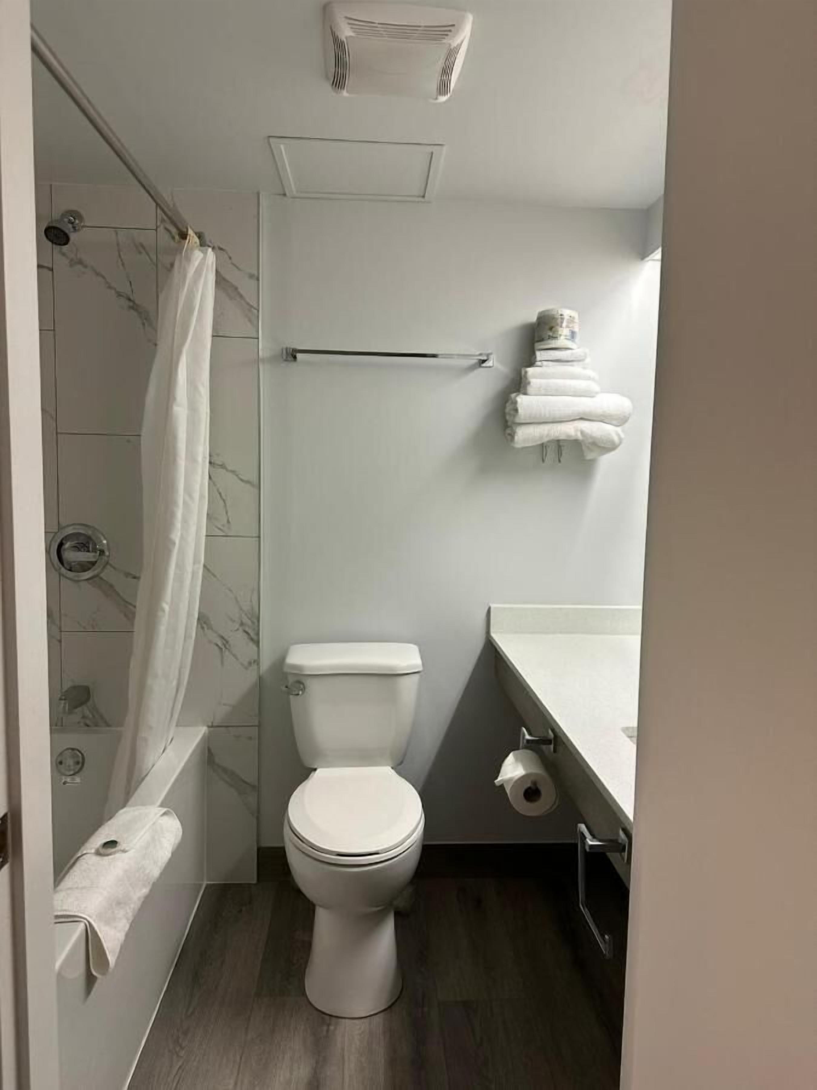 A modern bathroom with a toilet, shower, and sink.