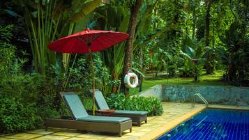 Outdoor pool, pool umbrellas, pool loungers