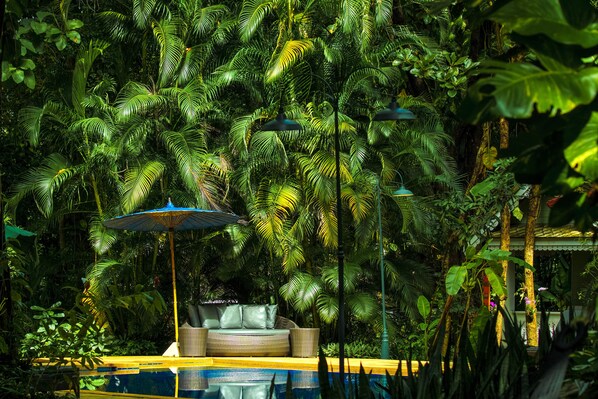 A pool area with a lounge chair and umbrella, surrounded by dense tropical foliage. - Monoceros Resort (Mae Rim)