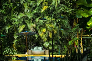 Outdoor pool, pool umbrellas, sun loungers