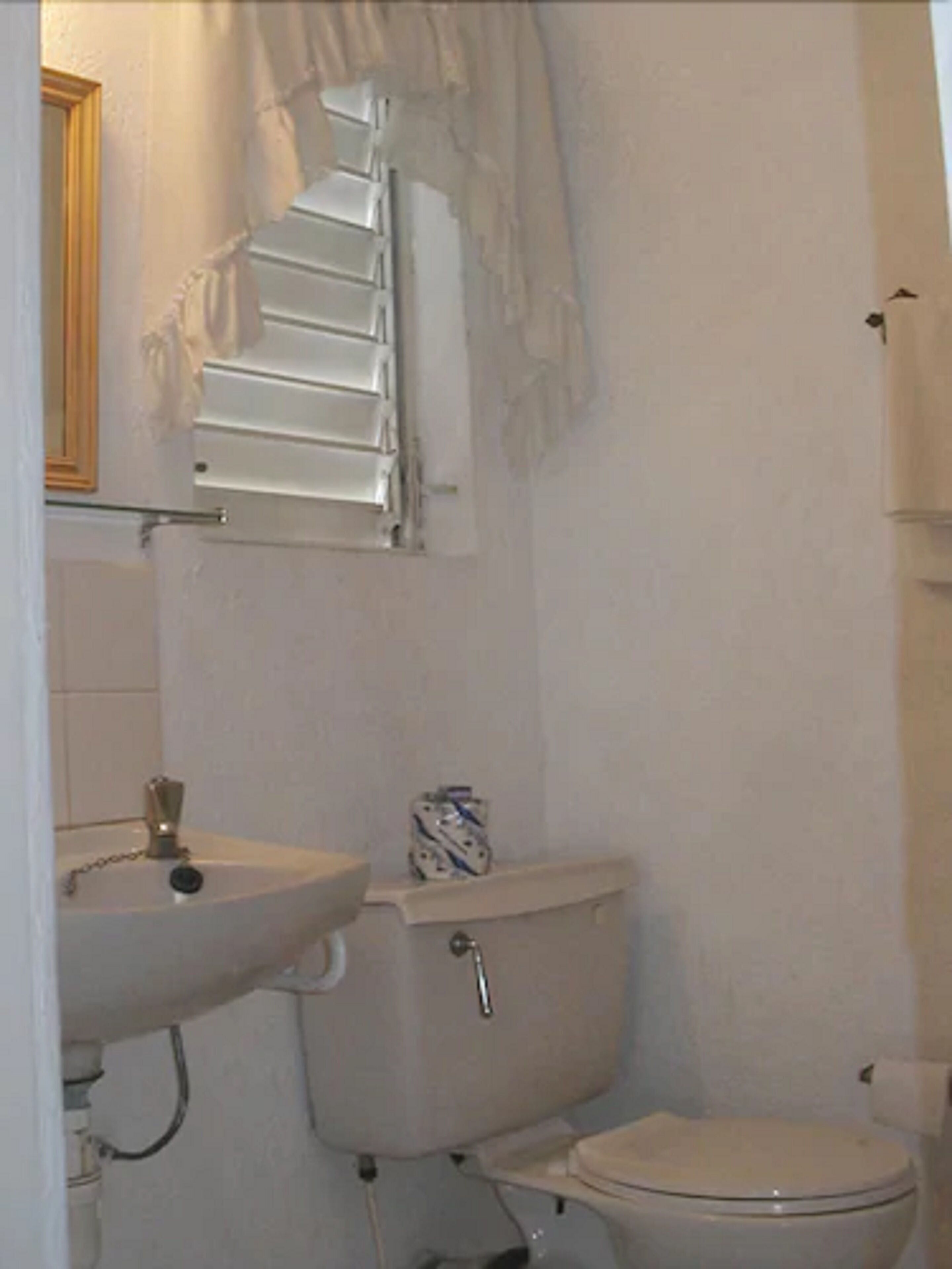 A bathroom with a toilet, sink, and towel rack.