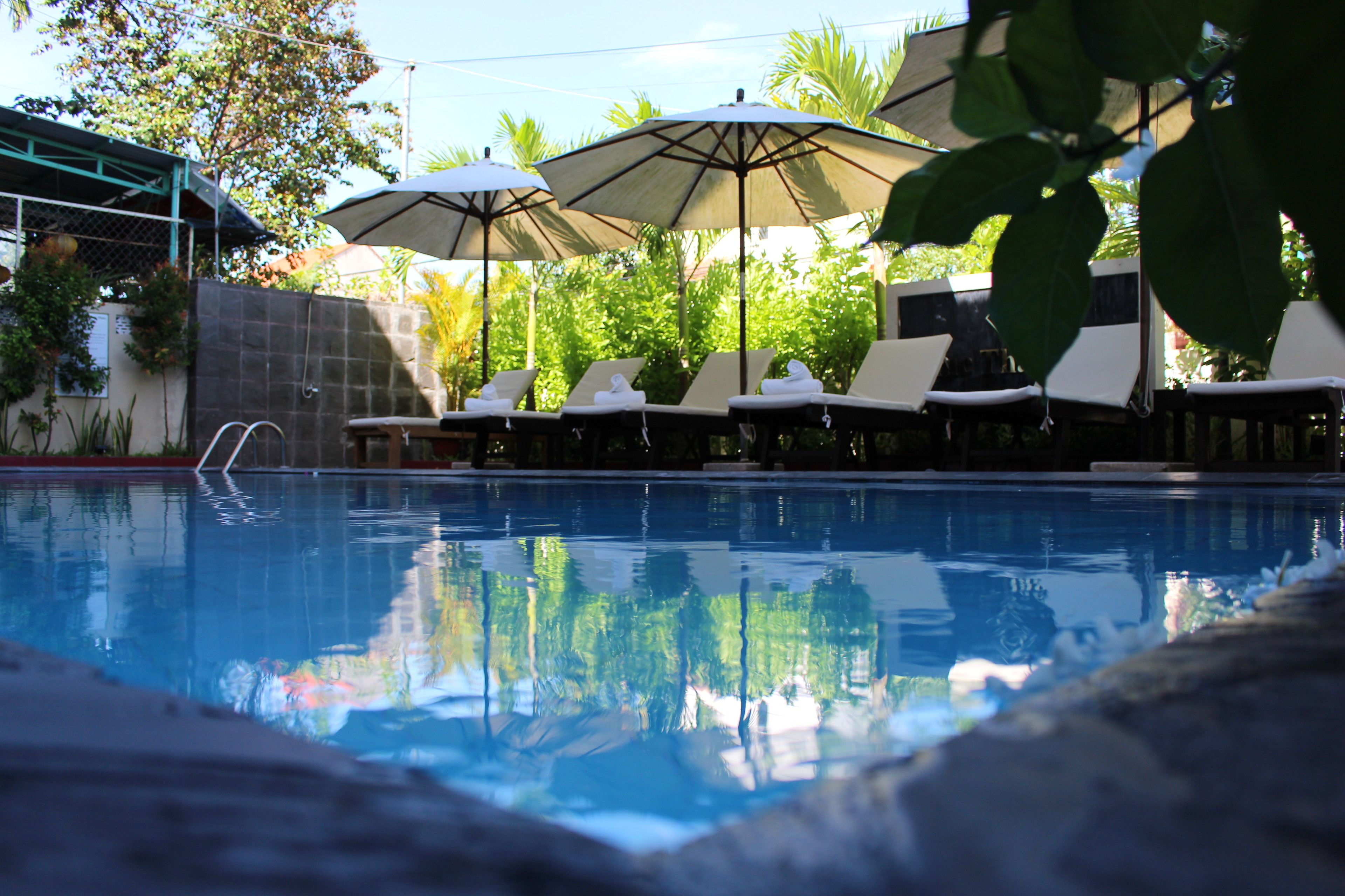 outdoor pool, pool loungers