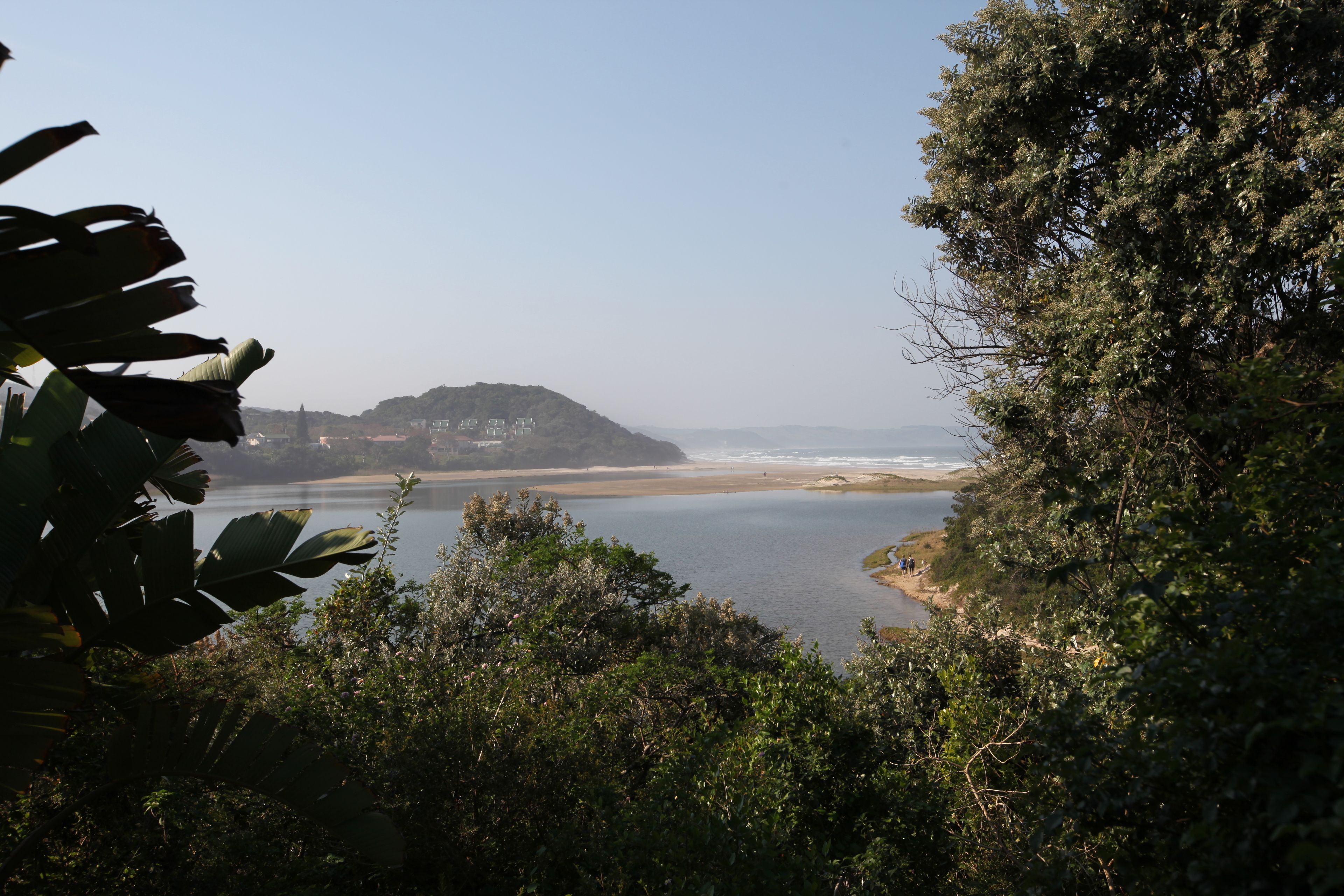A coastal landscape with a beach, a hill, and dense foliage.