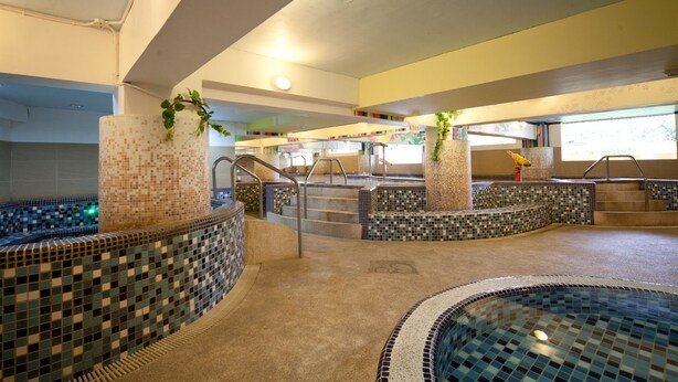 Una gran piscina interior con paredes de mosaicos y varios niveles de escalones que bajan al agua.