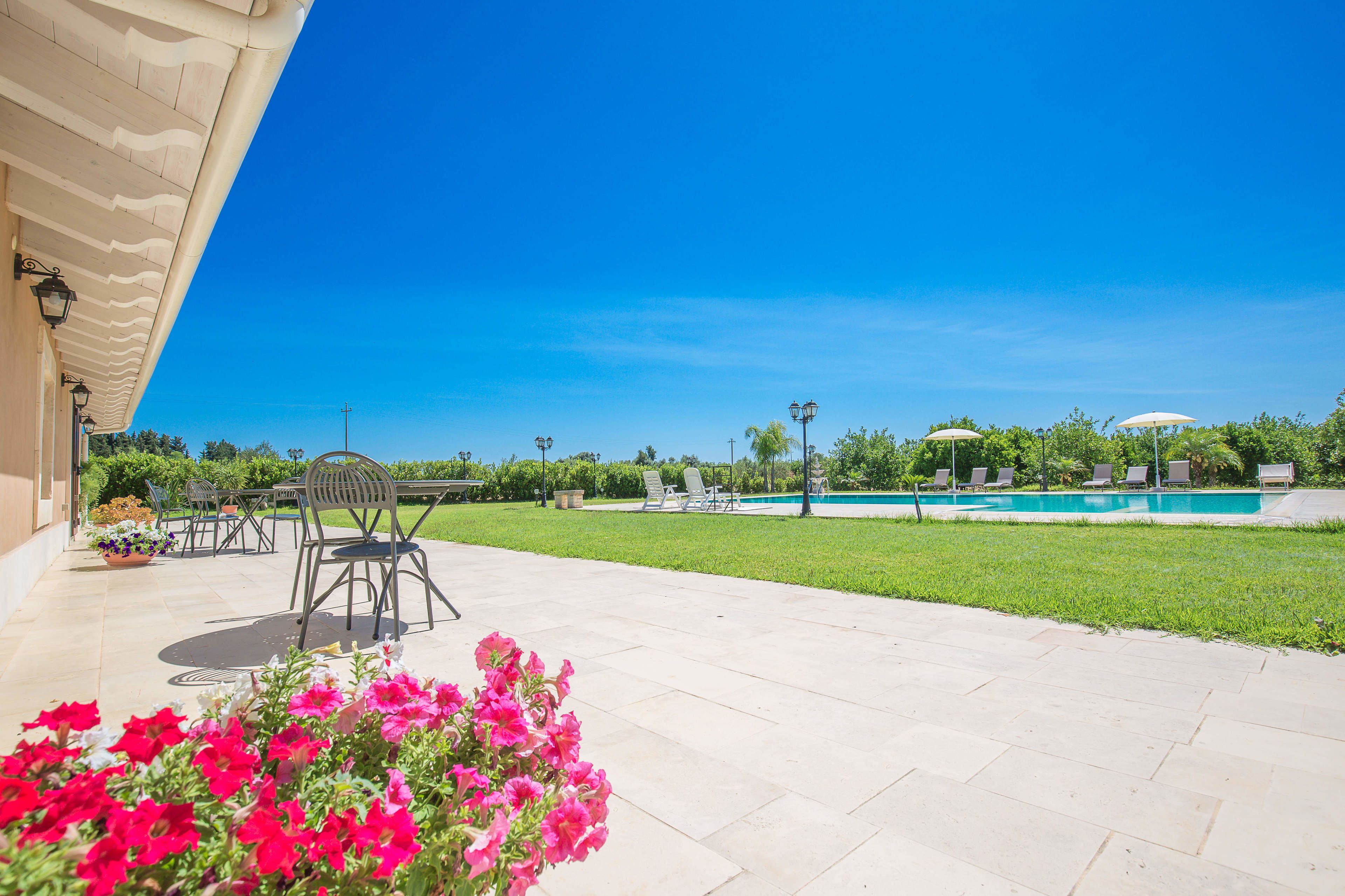 A patio with outdoor furniture, a pool, and a clear blue sky.
