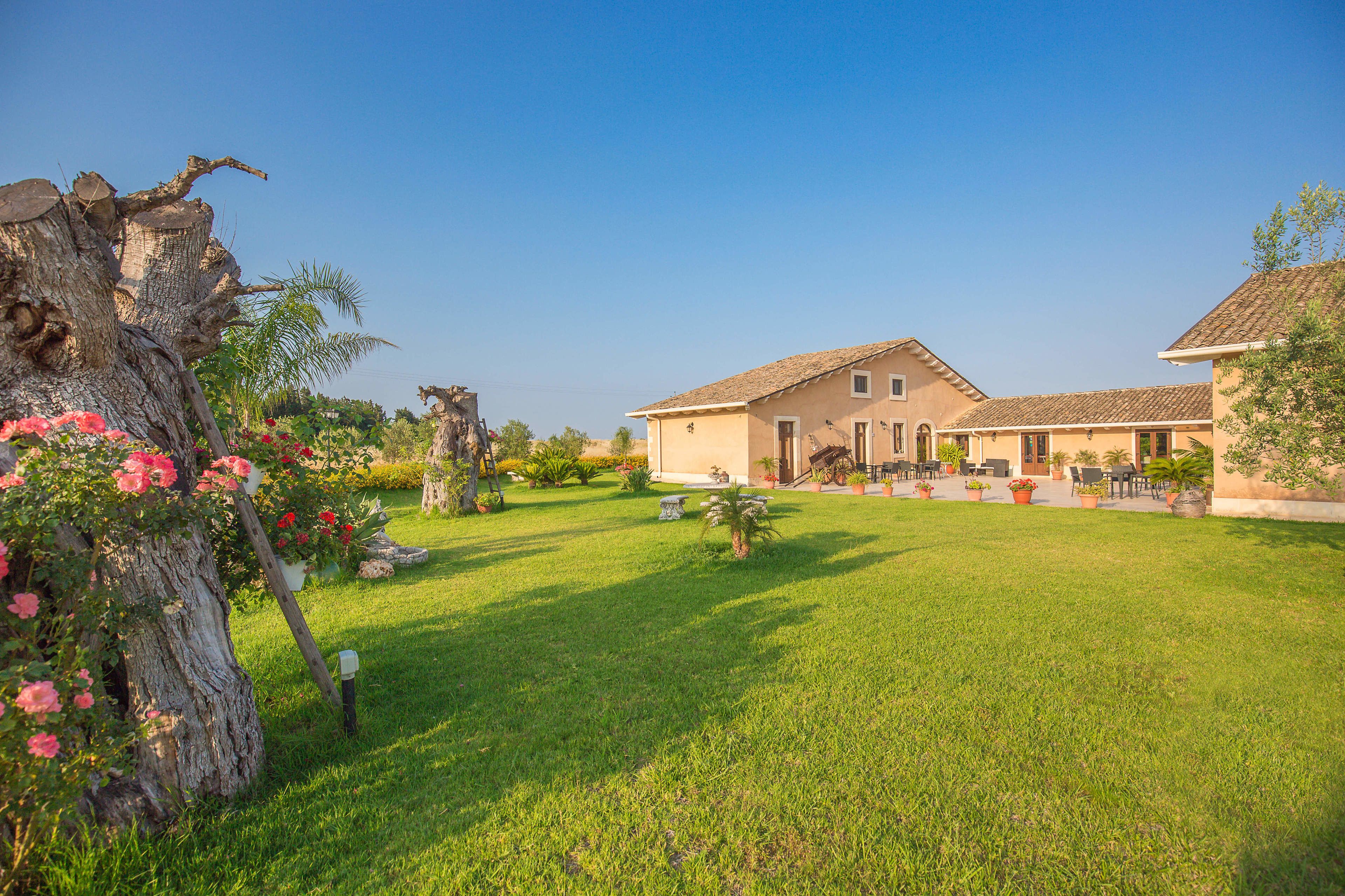 Une maison avec une pelouse bien entretenue, un grand arbre et un patio aménagé avec du mobilier d’extérieur.