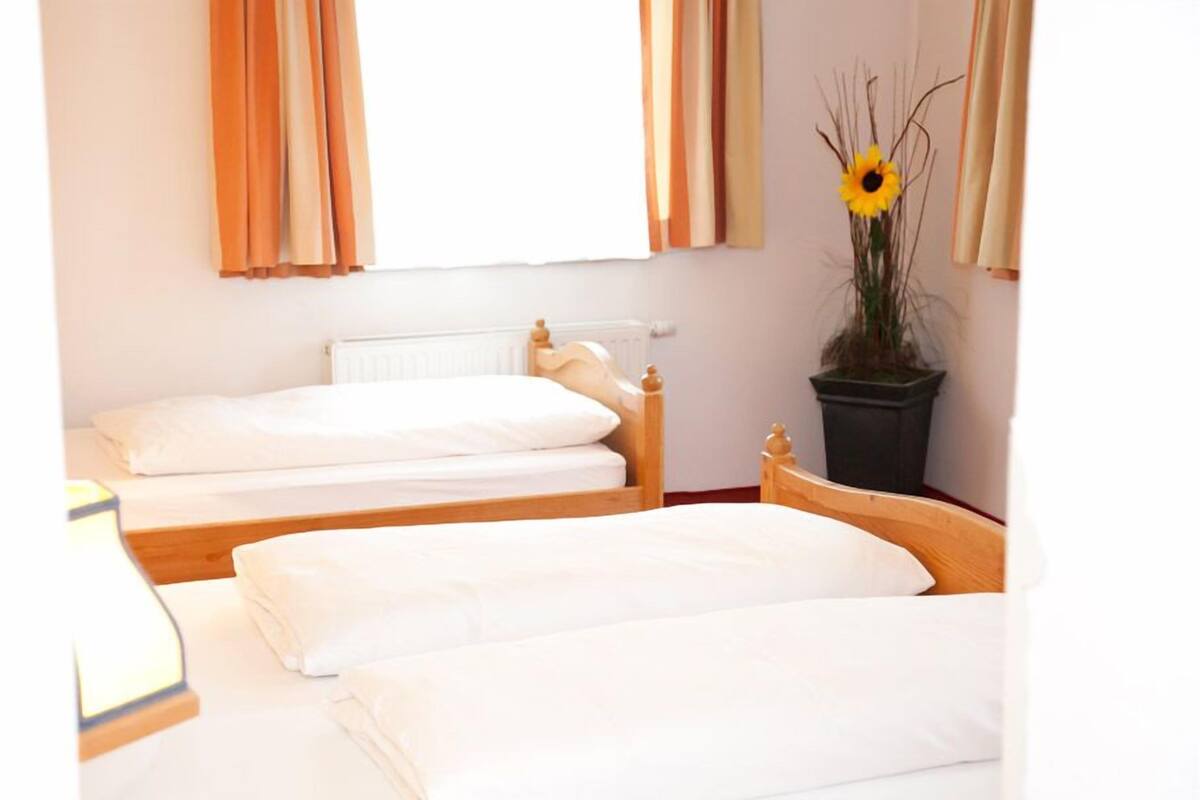 Un dormitorio con dos camas individuales, un radiador y una maceta con un girasol.