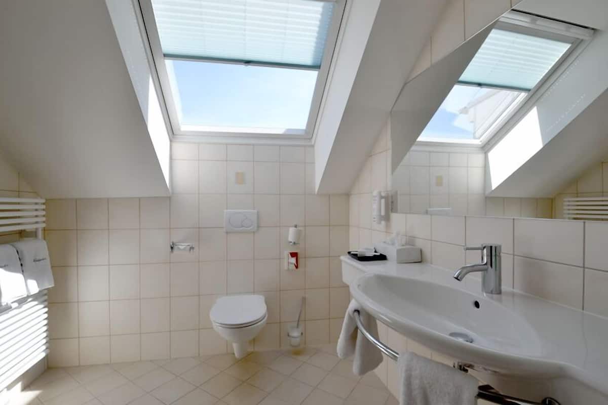standard triple room | bathroom | shower, hair dryer, towels