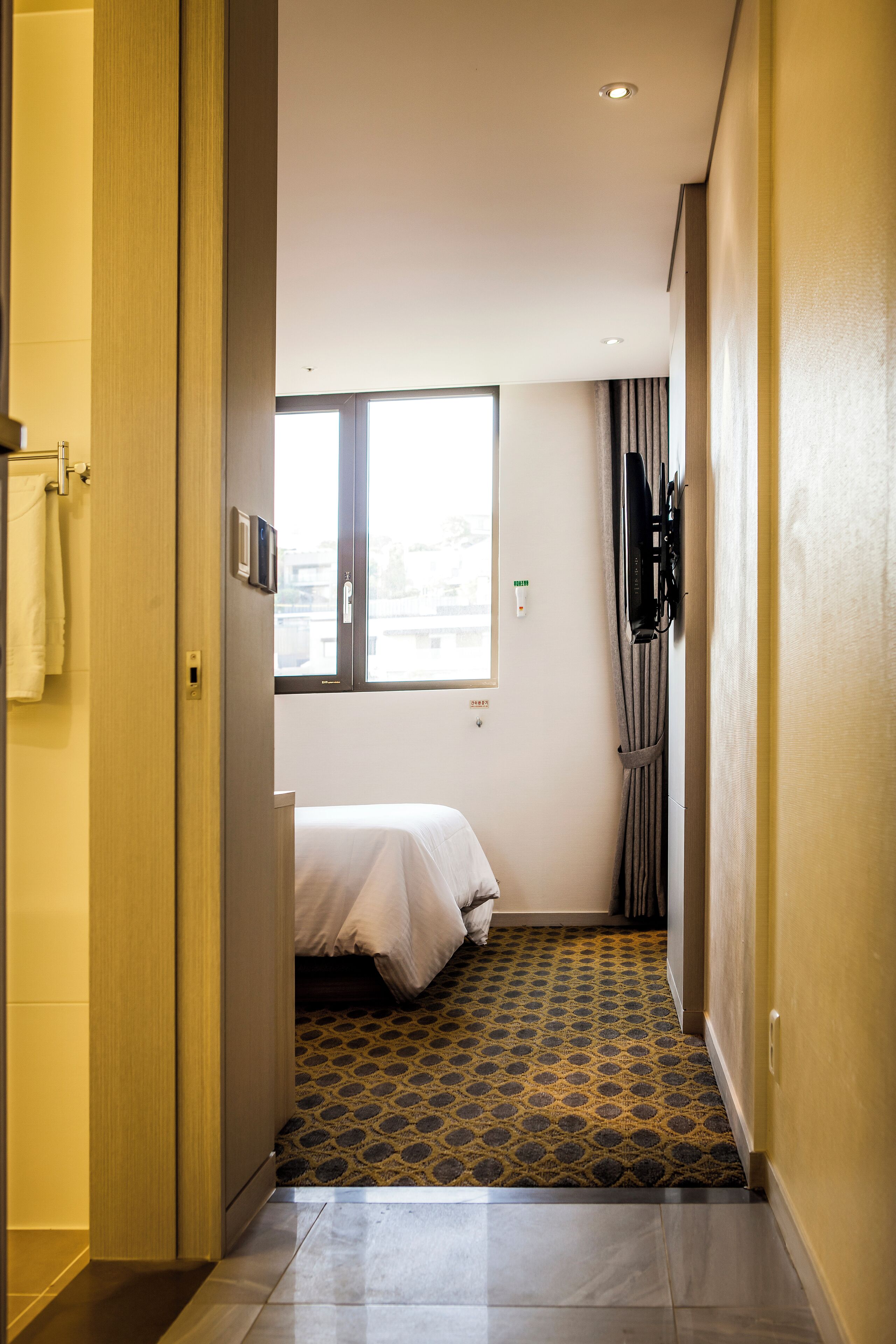 A hotel room with a bed, a window, a television mounted on the wall, and a patterned carpet.