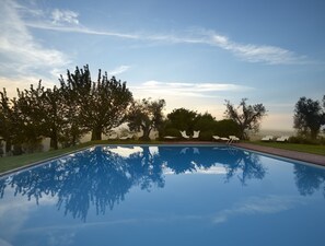 Kolam renang outdoor, dengan payung kolam renang dan kursi berjemur