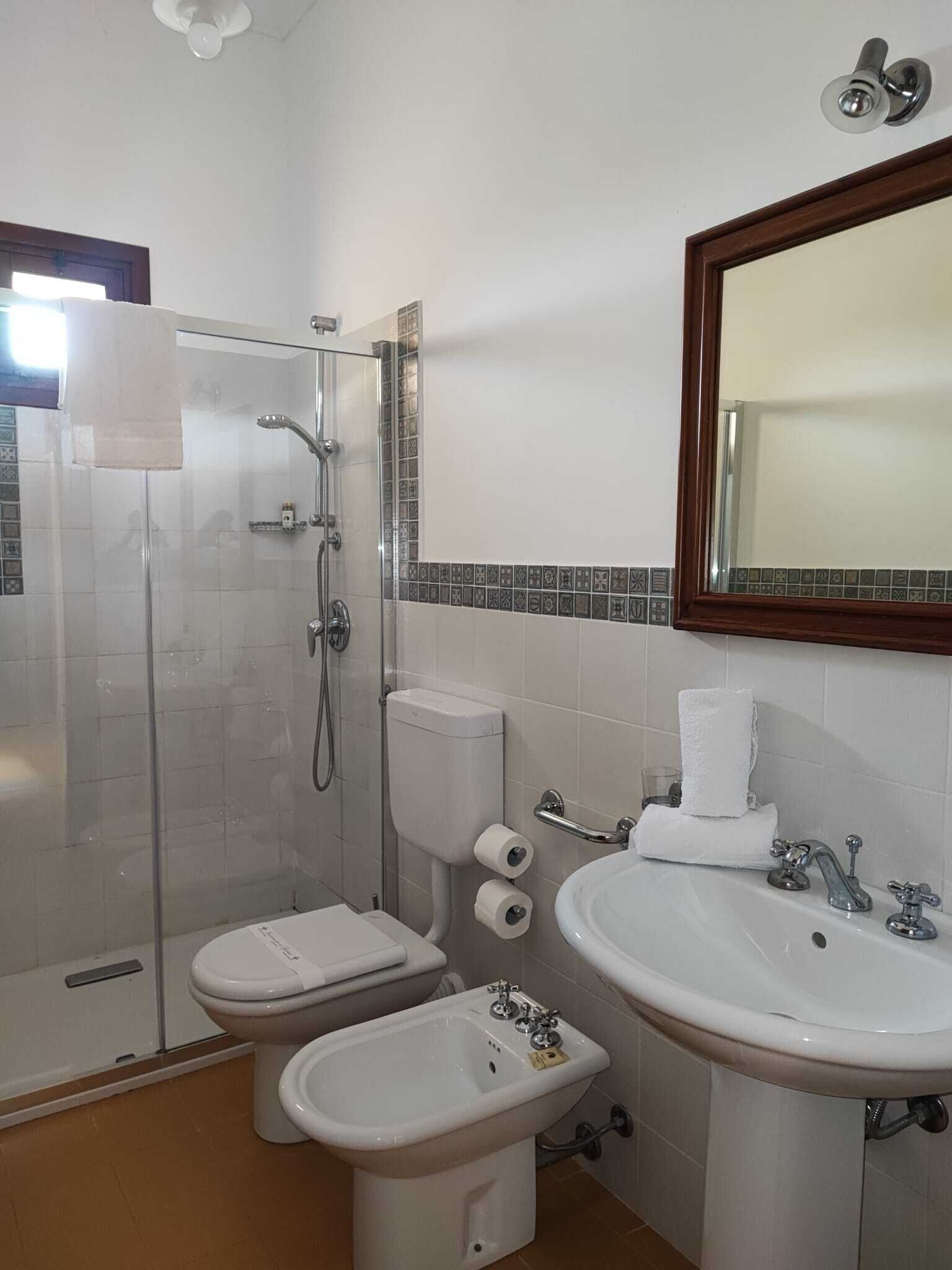A bathroom with a glass shower enclosure, a toilet, a bidet, a sink, and a mirror.