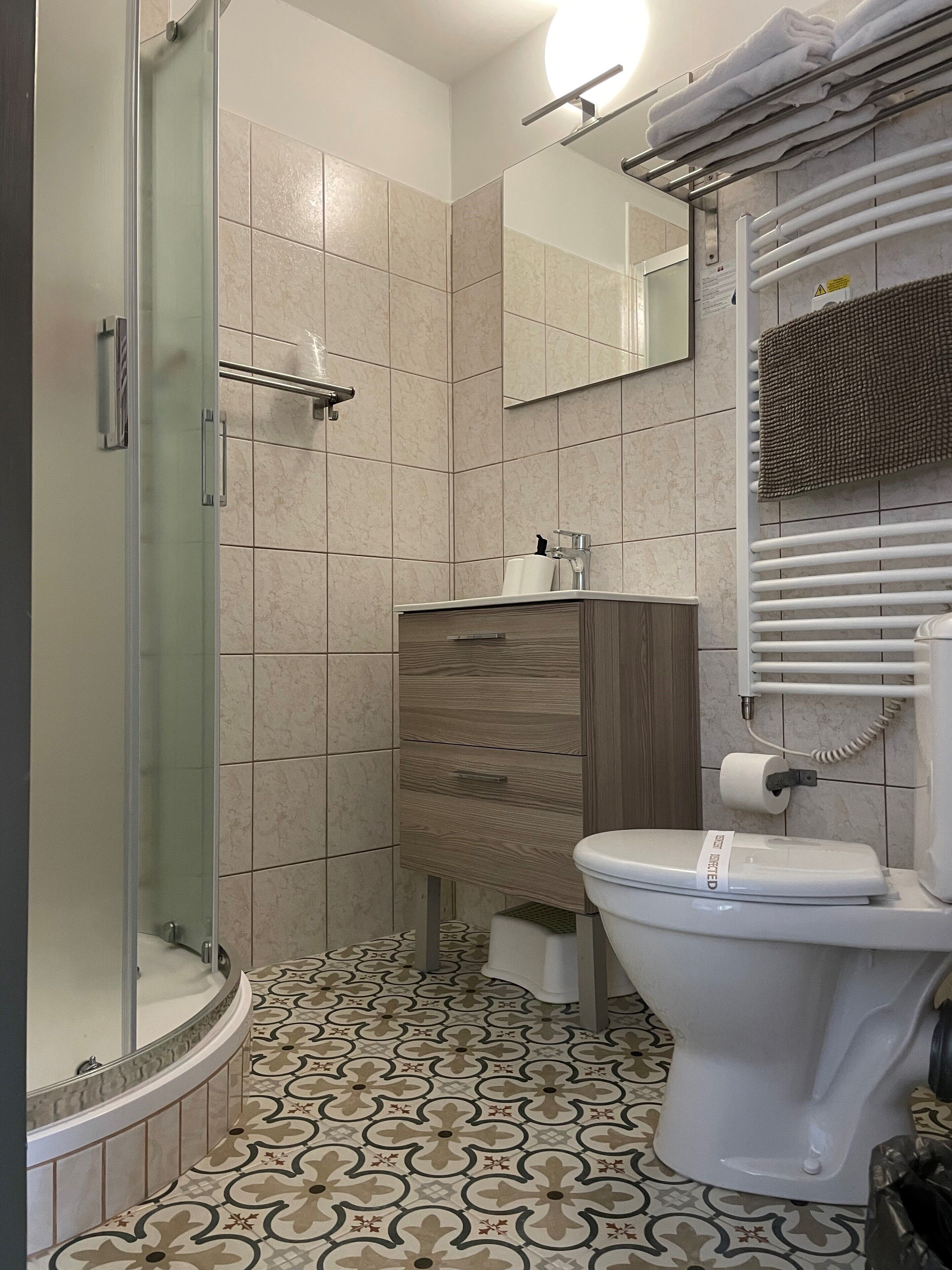 shower, free toiletries, hair dryer, towels