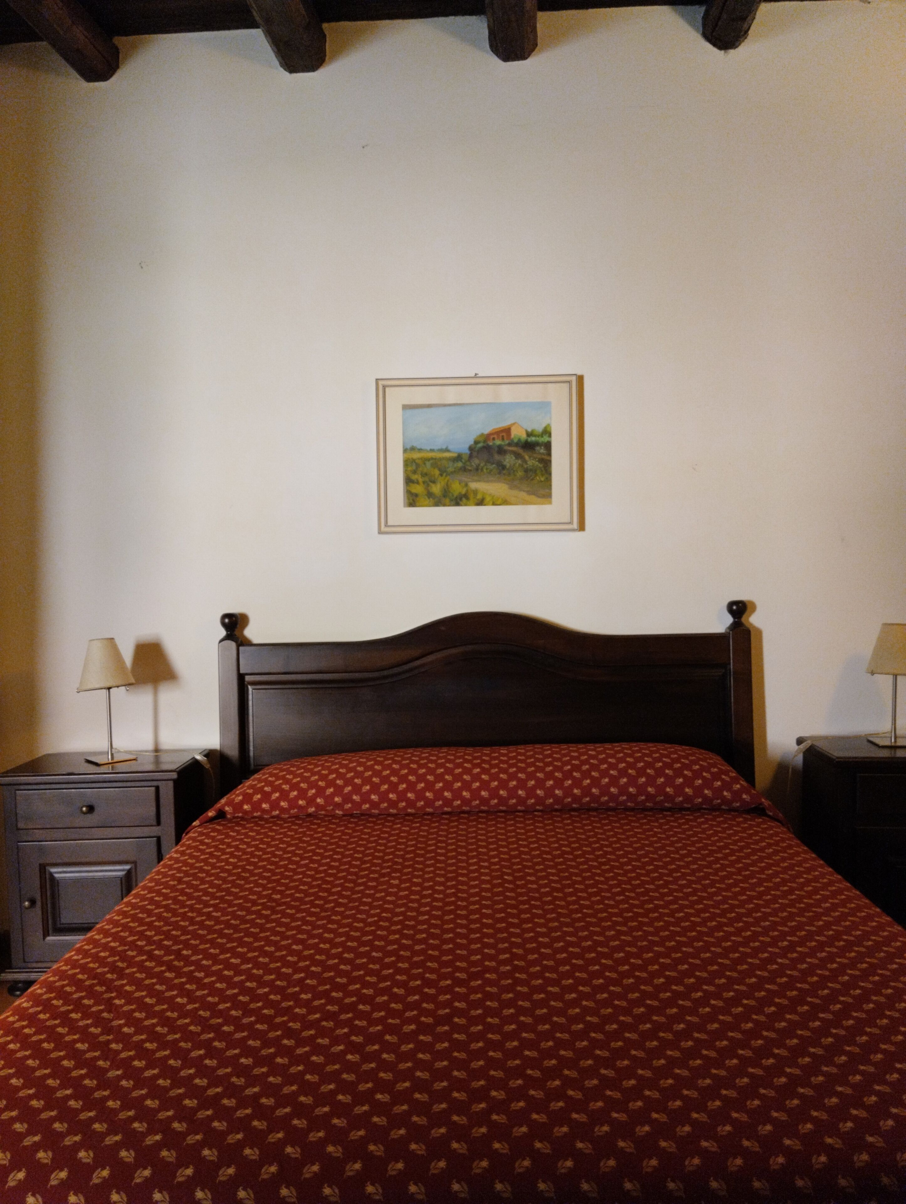 Un lit avec une couvre-lit à motifs, une tête de lit en bois, deux tables de chevet avec des lampes et un tableau encadré accroché au mur.