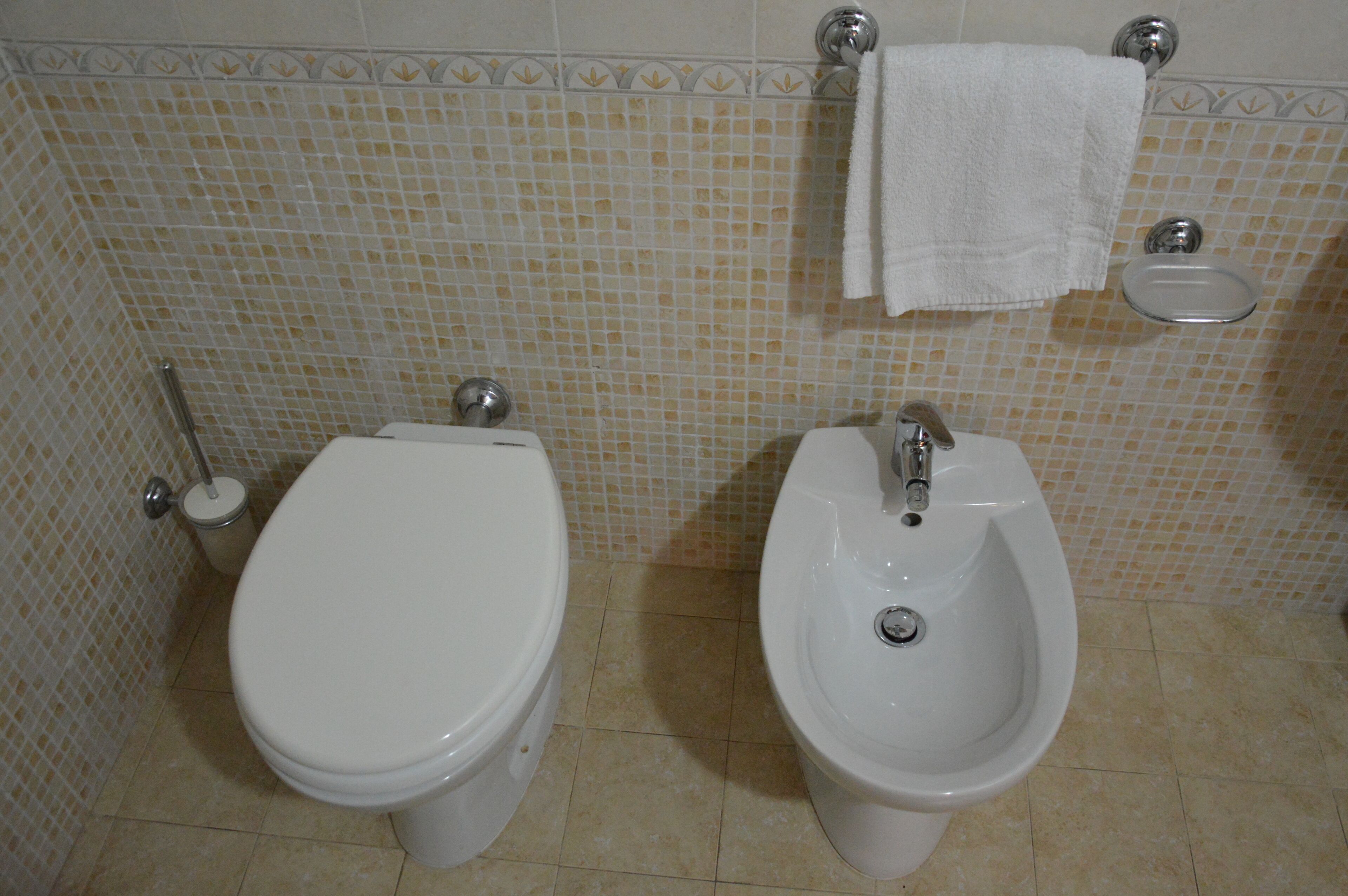 A bathroom with a toilet, bidet, and a towel hanging on the wall.