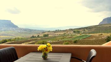 A balcony with a table and chairs, a vase with yellow flowers, and a view of a vineyard and mountains.