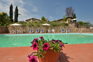 Outdoor pool, pool umbrellas, pool loungers