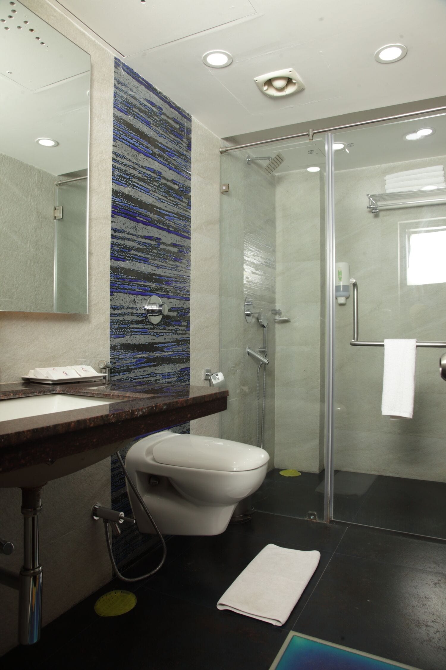 shower, rainfall showerhead, free toiletries, hair dryer