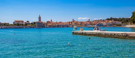A coastal town with clear blue waters, a dock, and historic buildings in the background.
