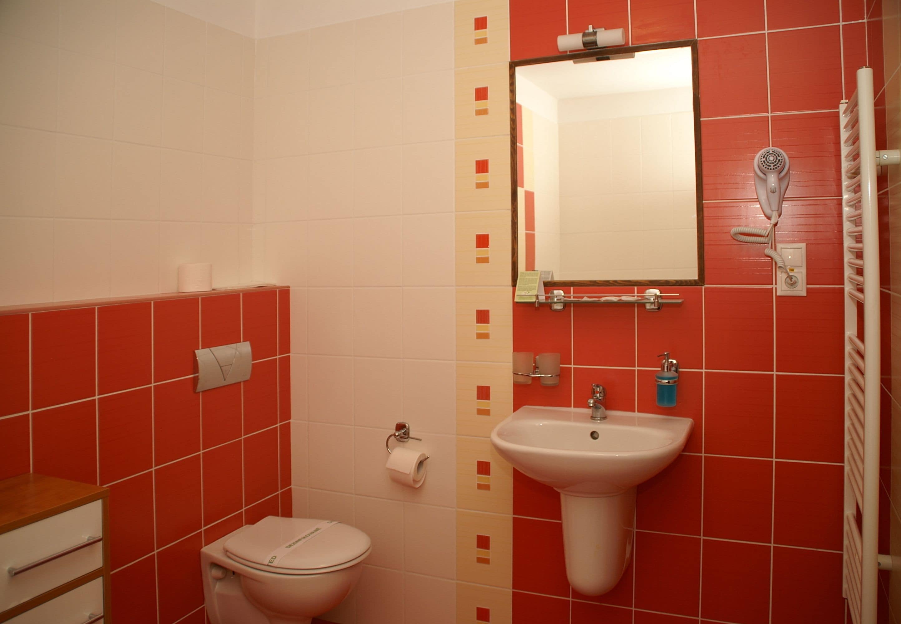 A bathroom with a toilet, sink, and mirror.