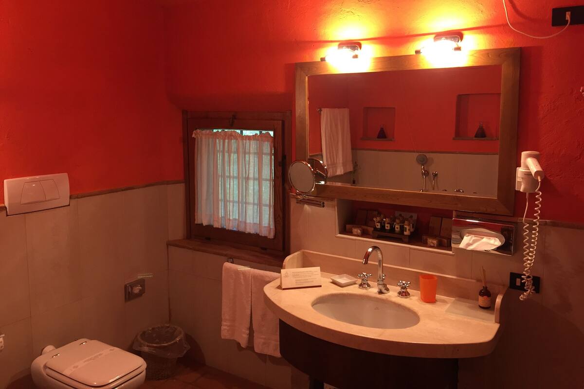 Ein Badezimmer mit Waschbecken, Spiegel und einem Fenster mit Vorhang.