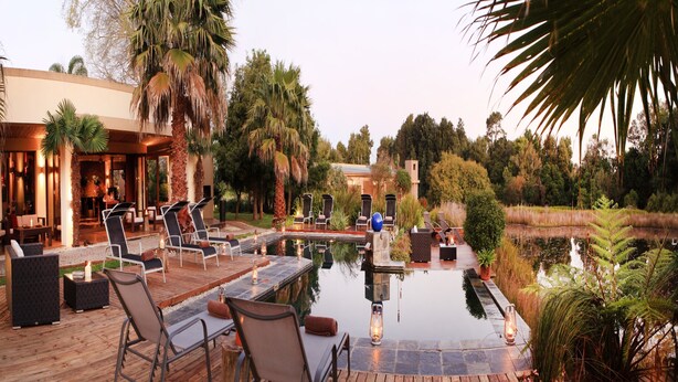 Zona de piscina exterior con sillones y mesas, rodeada de palmeras y una terraza de madera.