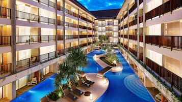 2 kolam renang outdoor, dengan payung kolam renang dan kursi berjemur