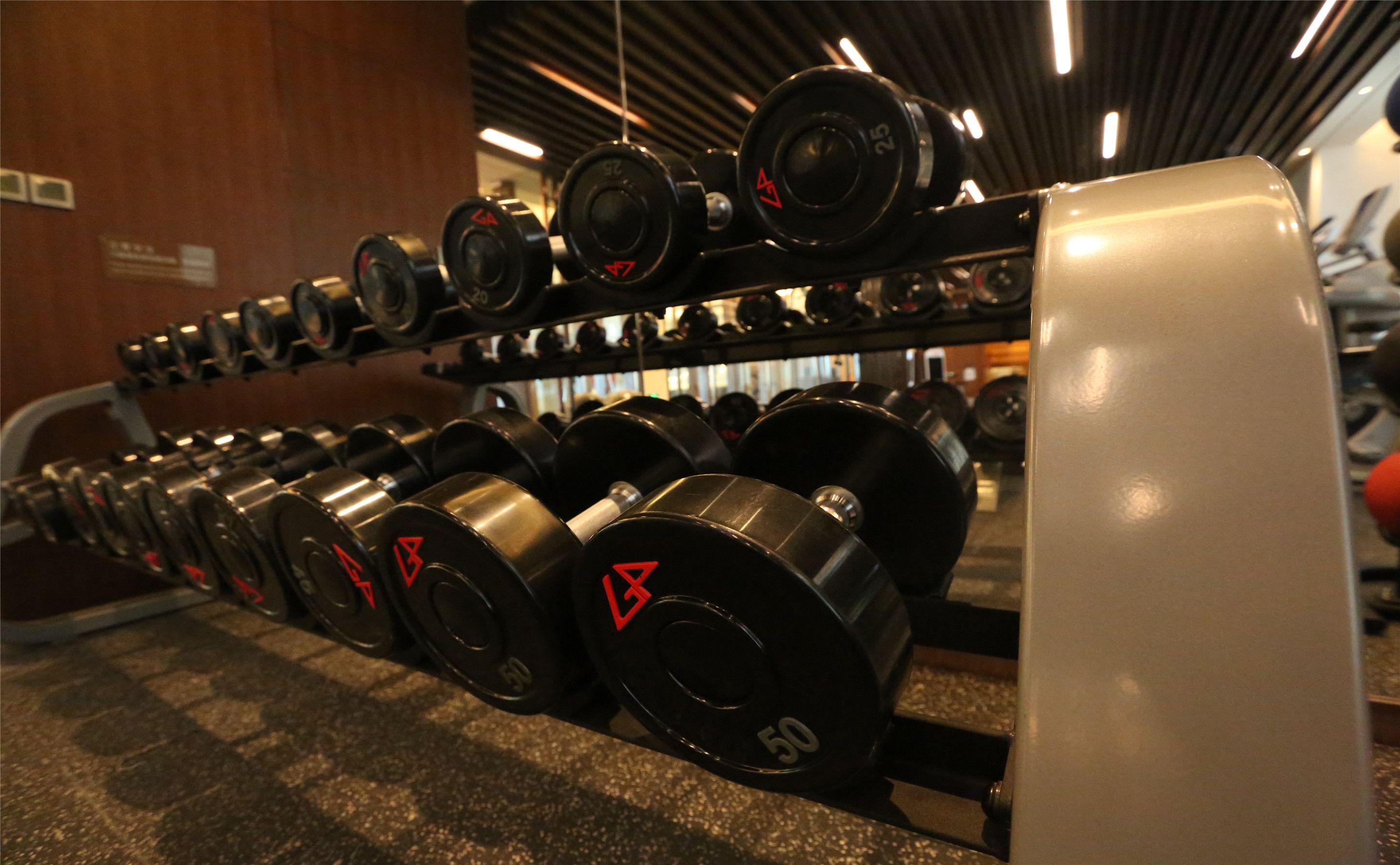 A gym with rows of weight plates and dumbbells.