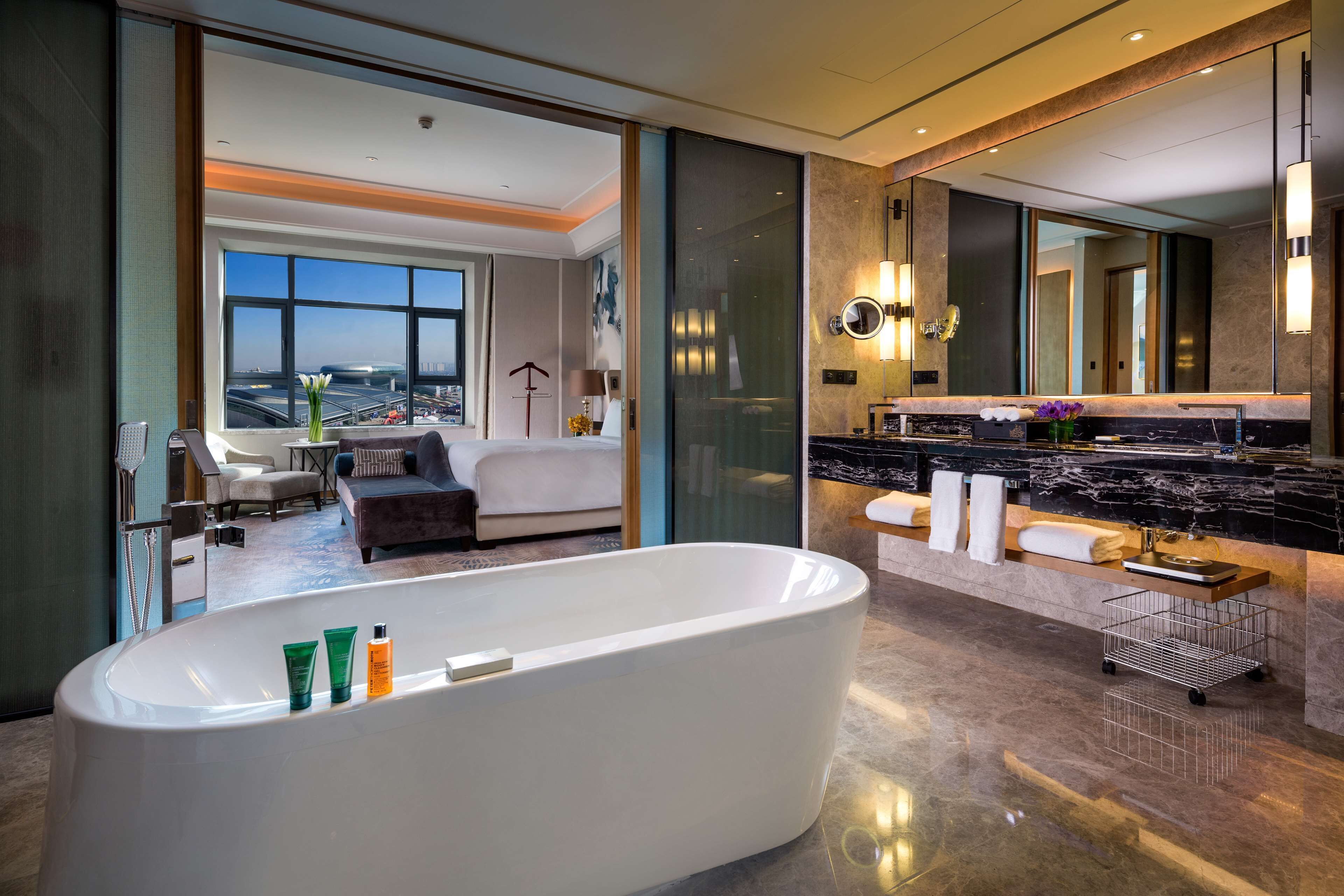 premier suite, 1 king bed | bathroom | separate bathtub and shower, rainfall showerhead, designer toiletries