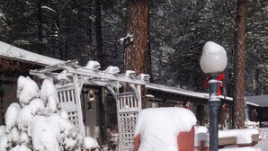 Un espace extérieur enneigé, avec des bancs en bois et un bonhomme de neige en guise de décoration.