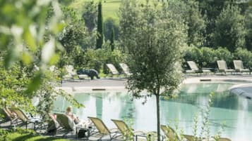 Zona de piscina con sillones de descanso y un árbol al frente.