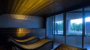 A modern interior with a wooden ceiling, large windows, and a view of the outdoors.