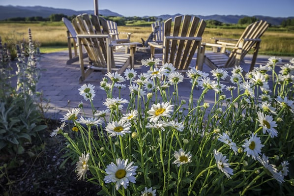 A patio with Adirondack chairs and a view of mountains.