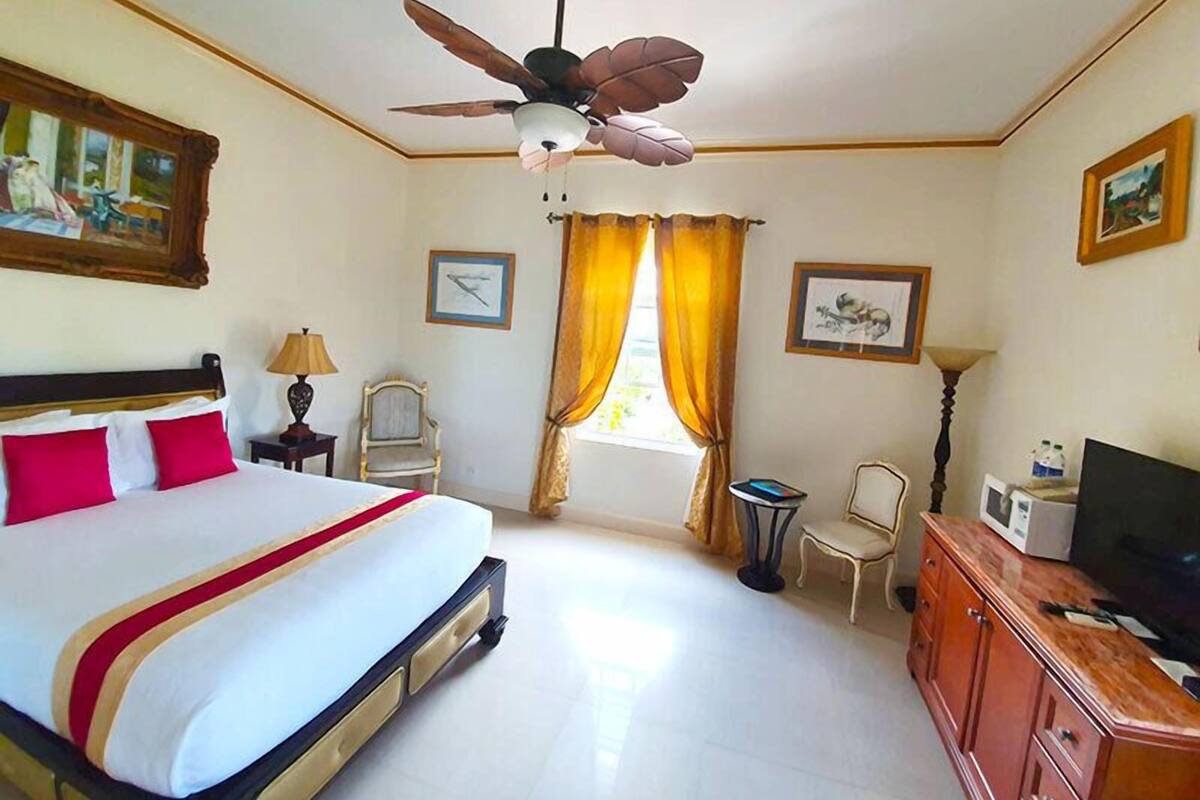Een hotelkamer met een bed, een plafondventilator, een bureau met stoel, een televisie en kunstwerken aan de muur.