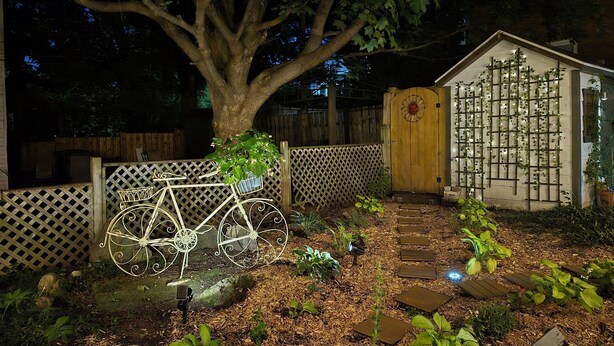 Un jardín con una bicicleta decorativa, una valla de madera y una puerta con plantas trepadoras.