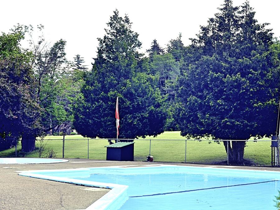 A swimming pool with a fenced area, surrounded by trees and a grassy field.