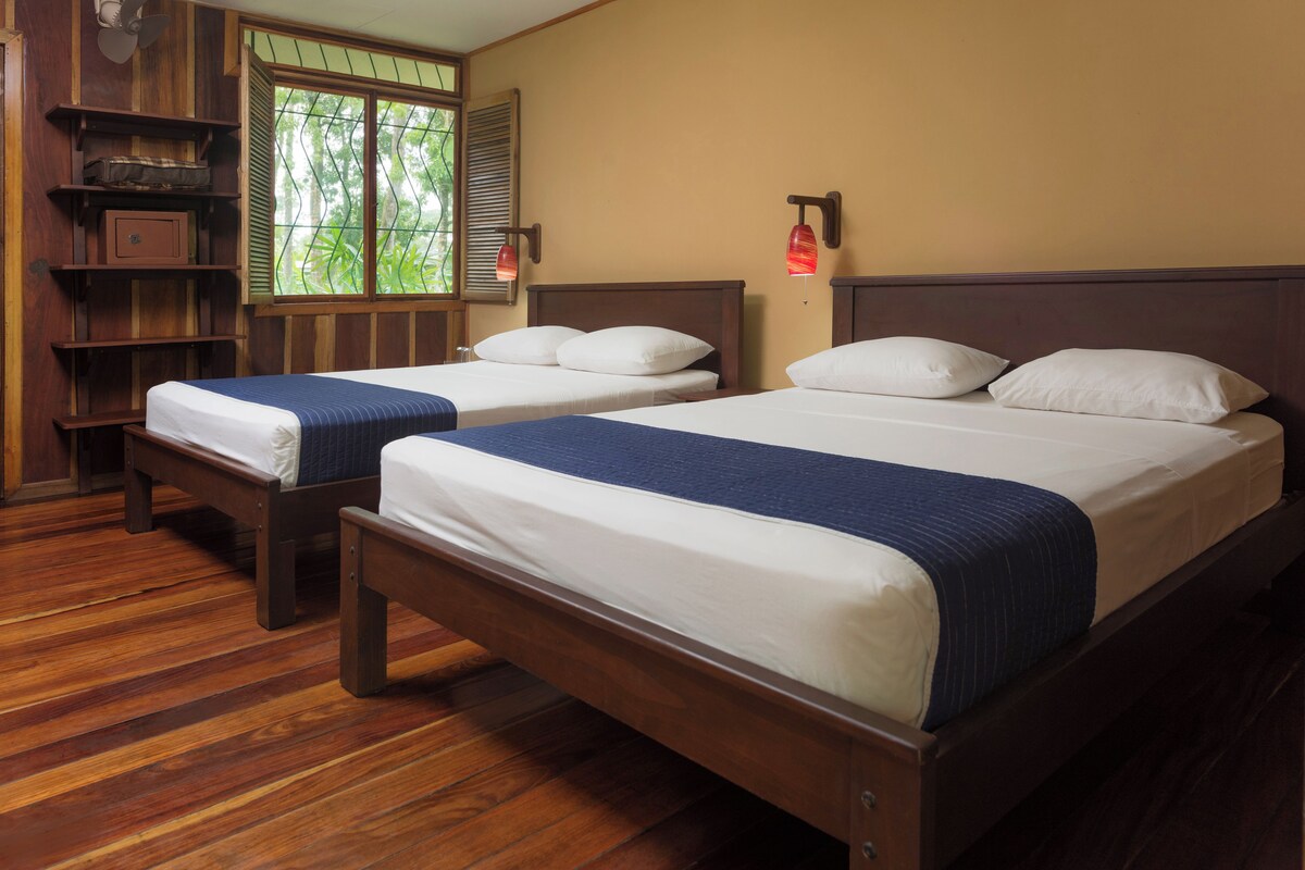 Two wooden beds with white linens and blue accents, wooden shelves, and a window with shutters.