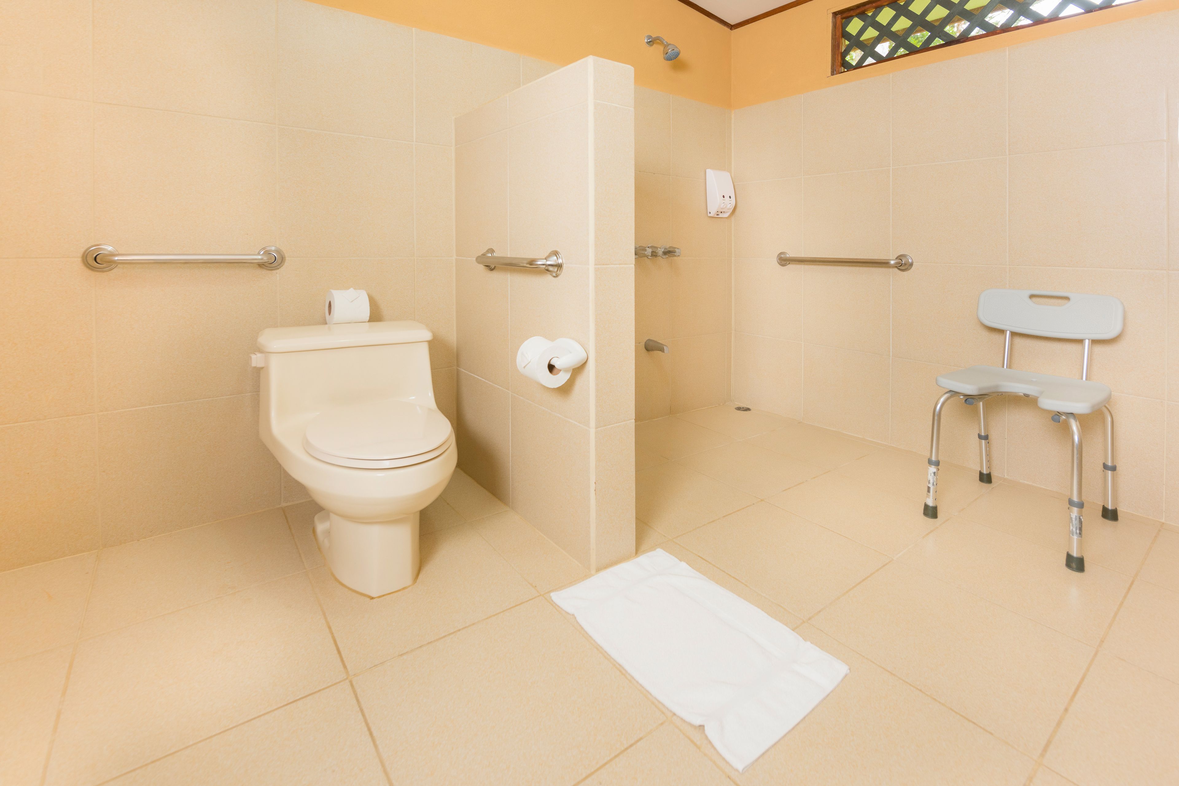 A bathroom with a toilet, a shower stall, and a wheelchair-accessible bench.