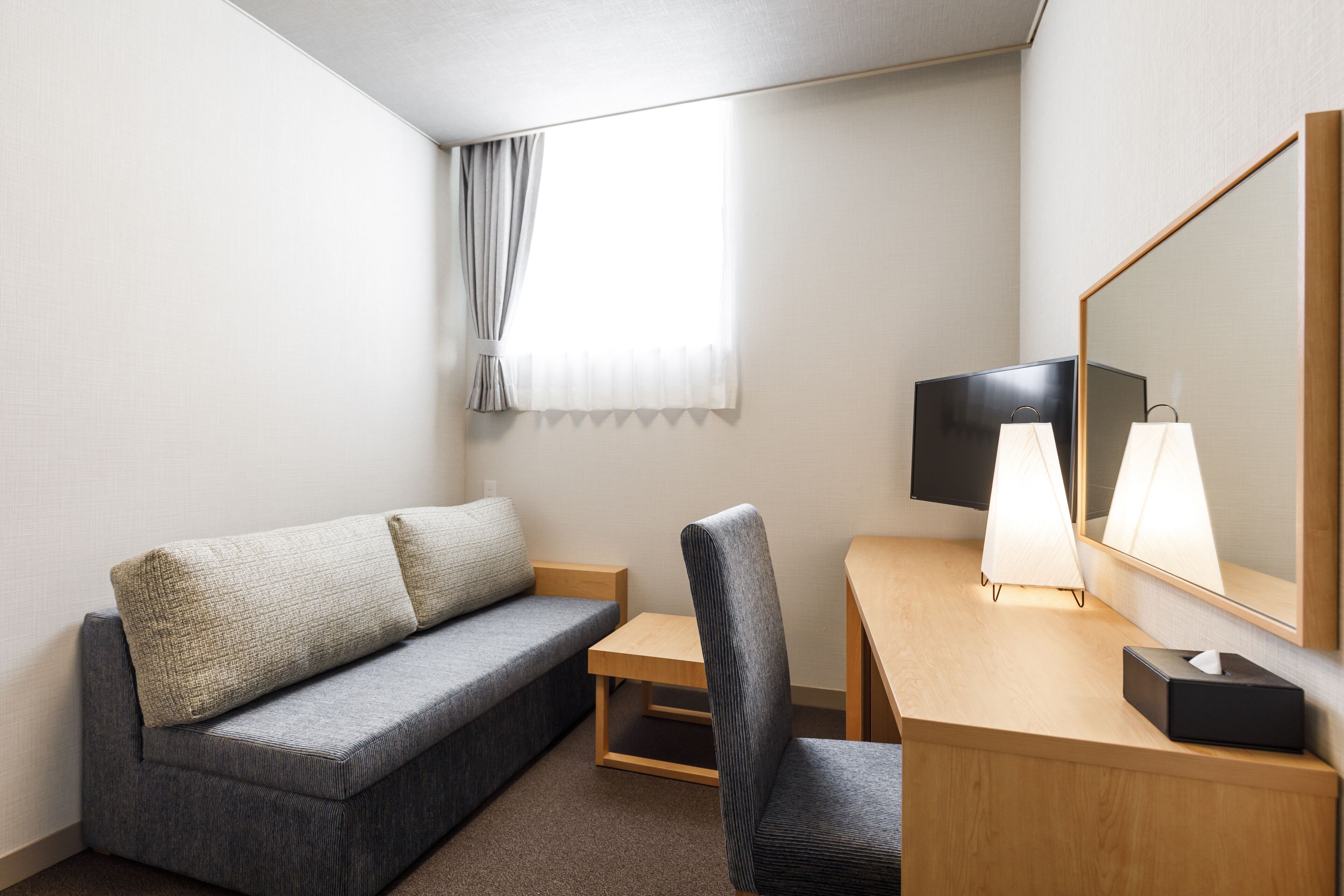 A hotel room with a sofa, a desk, a chair, a TV, and a mirror.