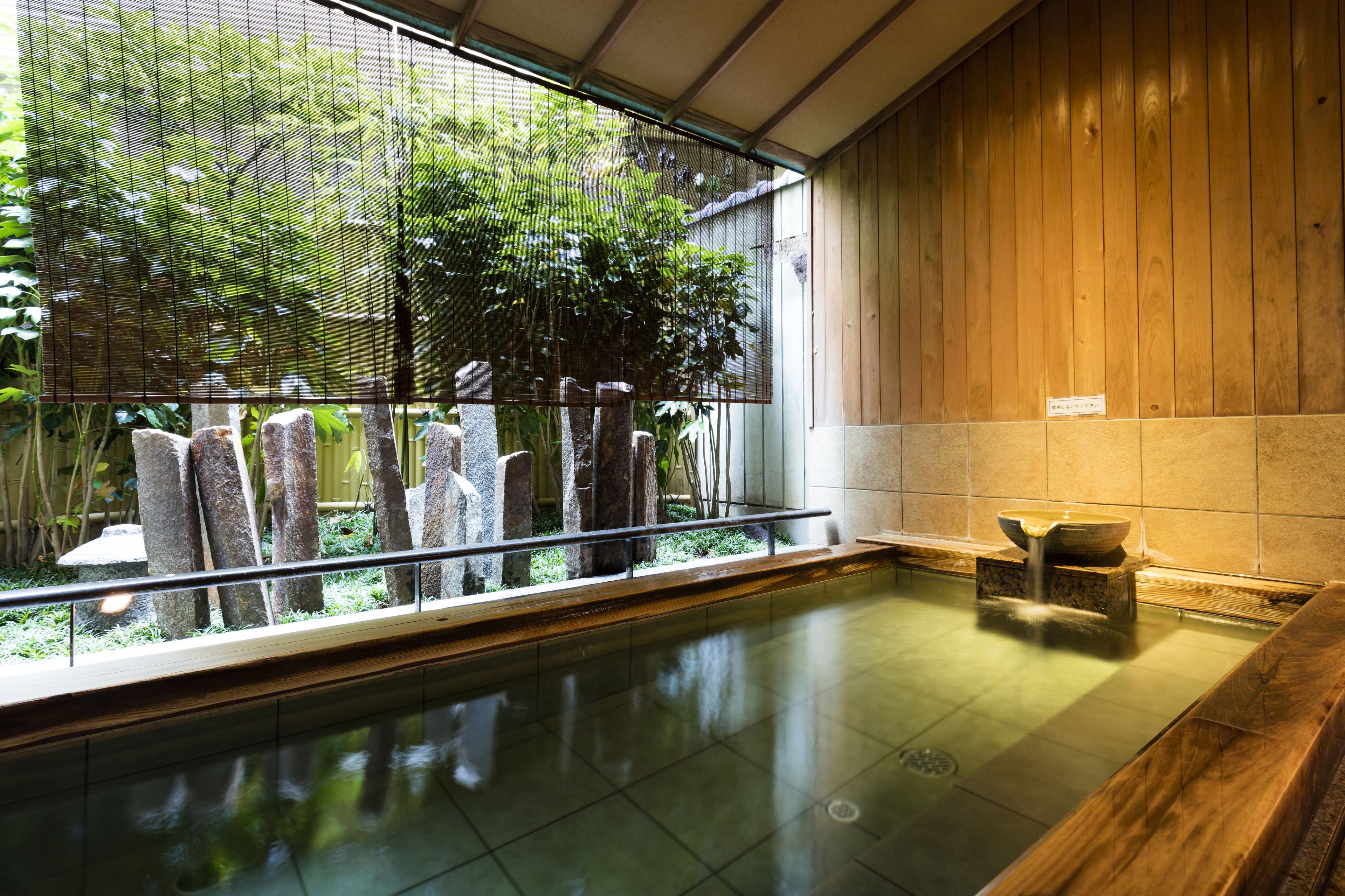 A traditional Japanese onsen with a wooden interior, a stone bath, and a view of greenery through a window.