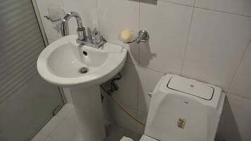 A bathroom with a pedestal sink, a toilet, and a soap dish.