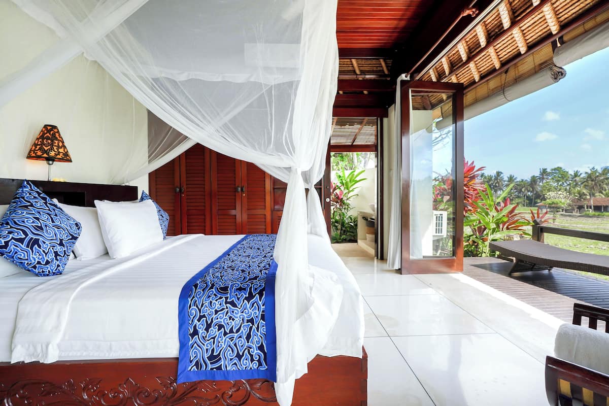 A bed with a canopy, a bedside lamp, and a view of a garden through an open door.