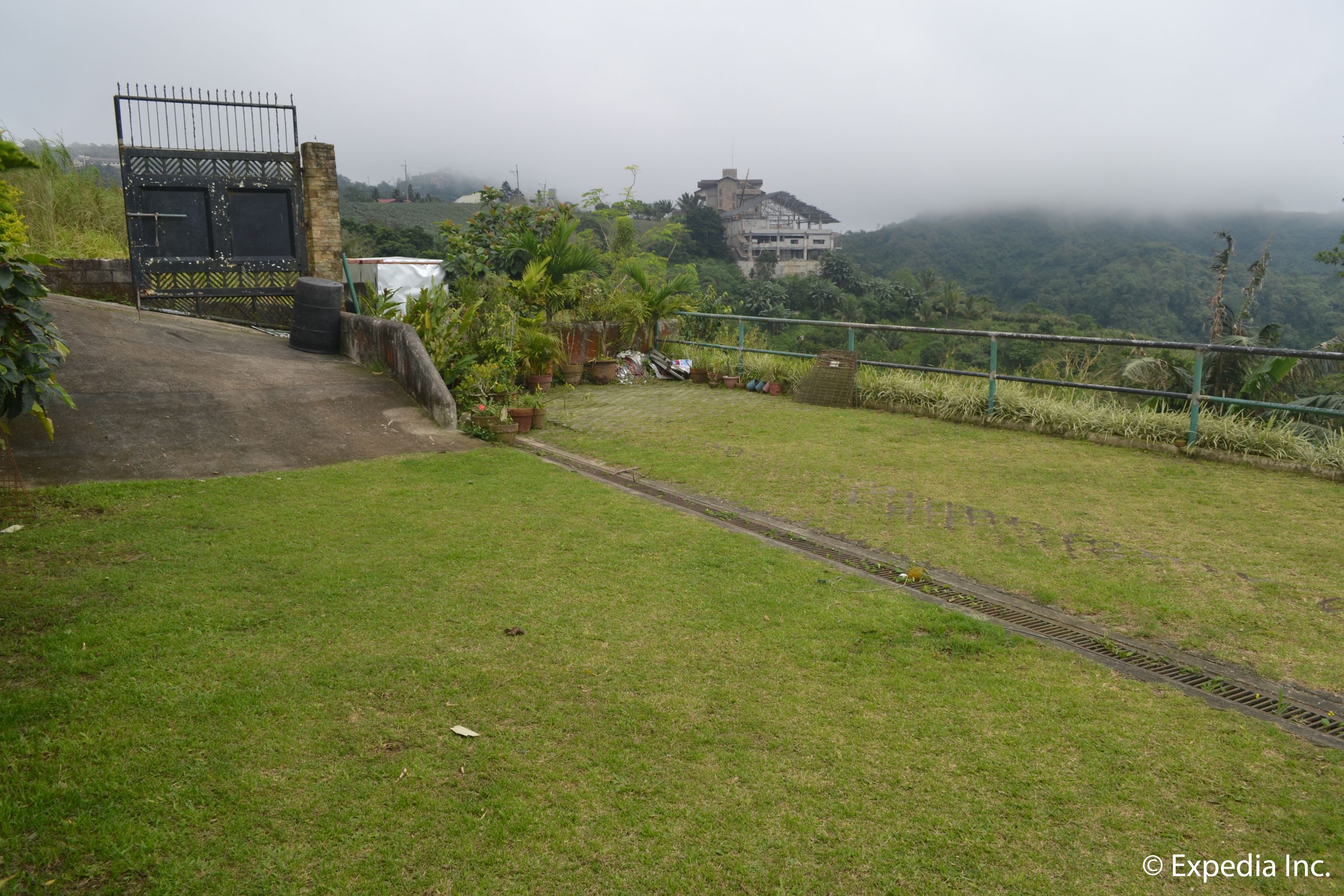 A grassy area with a metal gate, potted plants, and a distant building.