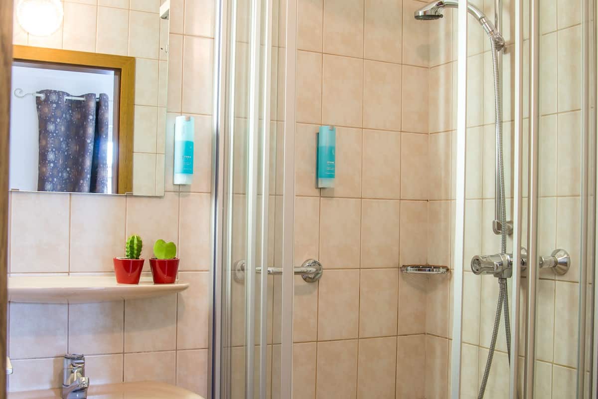 A bathroom with a glass-enclosed shower, a sink, and a mirror.