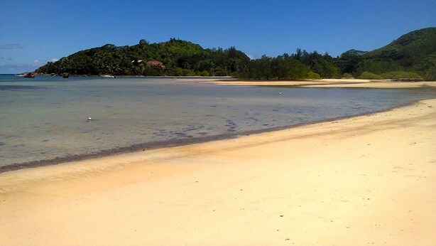 Ein Strand mit klarem Wasser, sandigem Ufer und einer kleinen Insel mit Vegetation und einem Gebäude.
